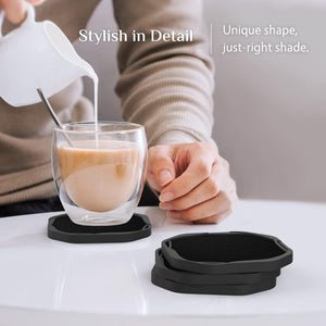 Black Silicone Coasters with Soft Felt Inserts for Wooden Coffee Table Cool Cup Mats, Set of 6, Black