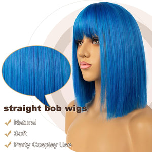 Synthetic Straight Hair Bob Cut Wig Shoulder Length Cosplay Wig for Girl Colorful Costume Wigs (Blue)