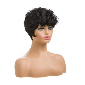 Natural Black Short Pixie Cut Wigs for Black Women Curly Hair Replacement With Bangs (Natural Black #1B)