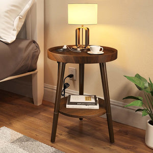 End Table with Charging Station, Round Side Table with Storage Shelf, Brown