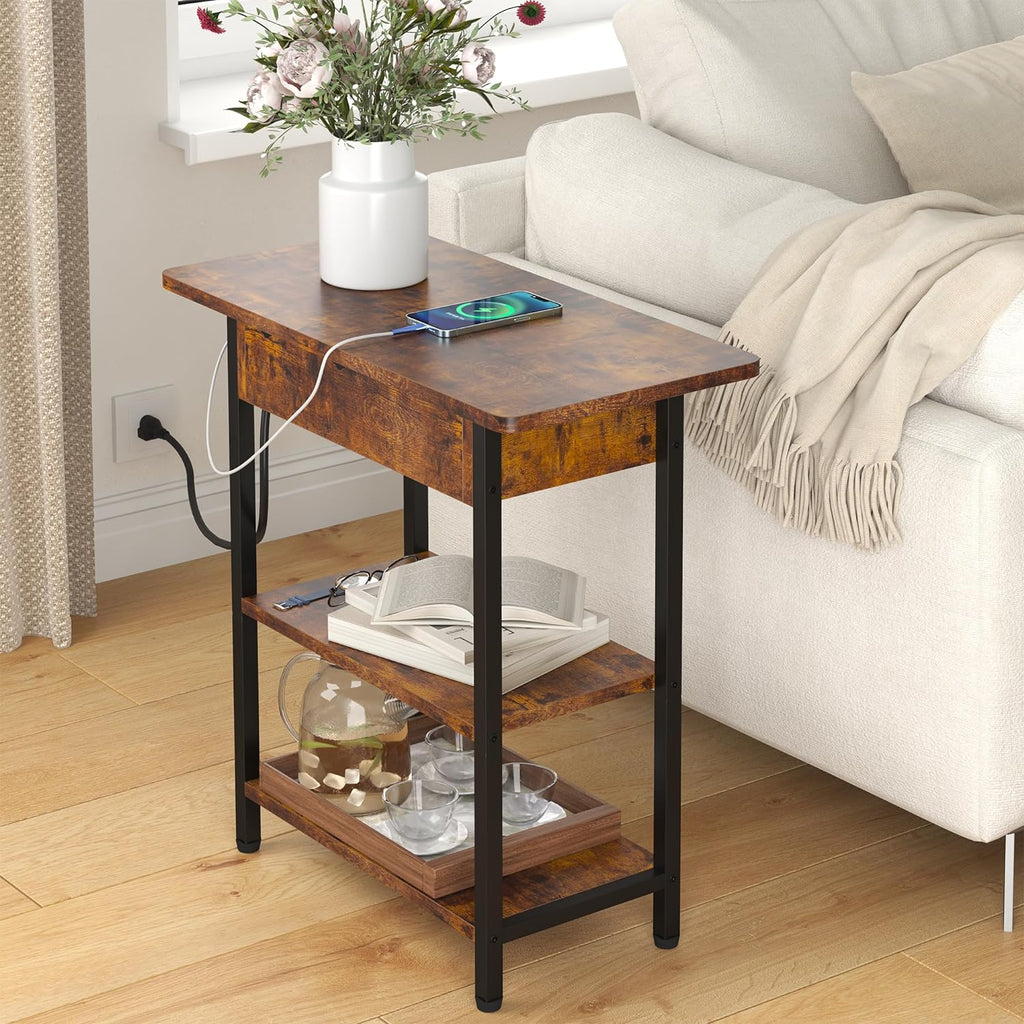 Narrow End Table with Charging Station, Slim Couch Side Table with USB Ports & Outlets, Brown