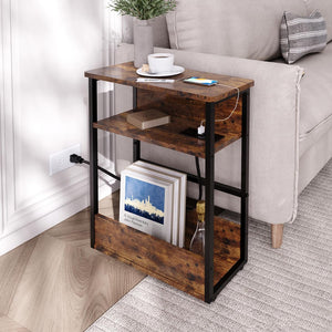 Narrow Side Table with Charging Station, 3 Tier Slim End Table for Small Spaces, Vintage Brown