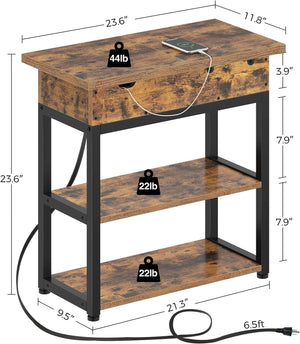 End Table with Charging Station, Narrow Nightstand, Flip Top Side Table with USB Ports , Rustic Brown