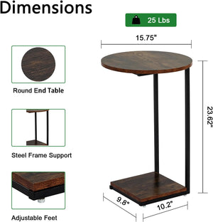 Round Side Table That Slide Under, C Shaped End Table for Couch, Rustic Brown