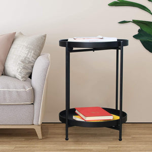 Black Folding End Table 2-Tier Metal Round Side Table with Removable Tray for Living Room,(15.2”Dx20”H)