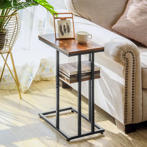 C Shaped End/Side Table for Couch and Bed, Small Spaces, Living Room, Bedroom, Rustic Snack Table