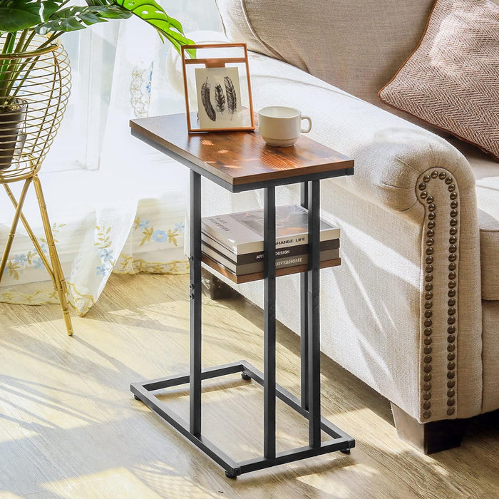 C Shaped End/Side Table for Couch and Bed, Small Spaces, Living Room, Bedroom, Rustic Snack Table