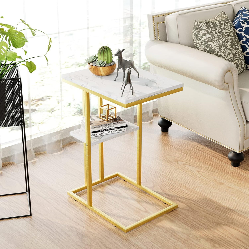 C Table Gold Couch Side Table, Snack Side Table for Sofa Couch (White)