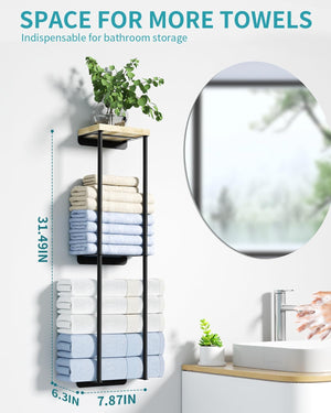 2 Tier Wall Towel Holder with Wood Shelf for Small Bathroom