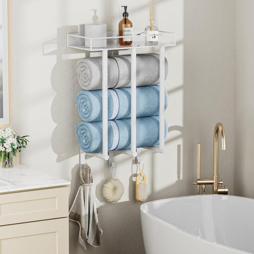 Wall Mounted Towel Rack with Metal Shelf & 3 Hooks, Bath Towel Storage for Rolled Towels Organizer (White)