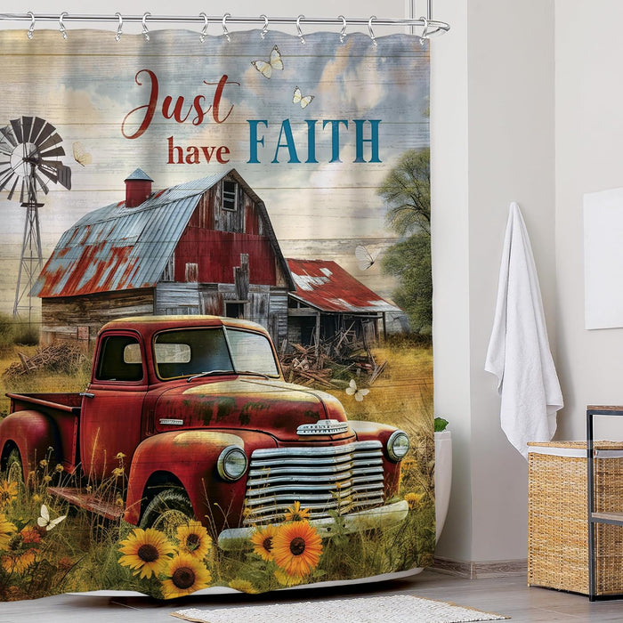 Rustic Farmhouse Shower Curtain 60Wx72L Inches Retro Red Truck Positive Quote Vintage Sunflowers