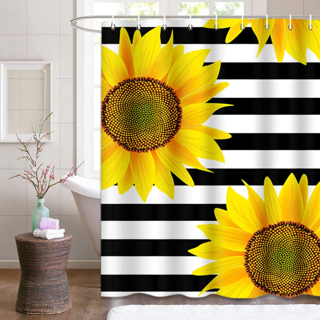 Shower Curtain Waterproof Home Decor Brown Bright Sunflowers Striped Black and White Pattern,66 x 72 inches