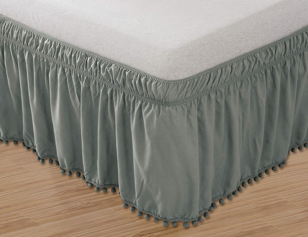Pompom Fringe Ruffle Skirt Around Style Elastic Bed Wrap, 16 inch Drop, Queen/King, Grey