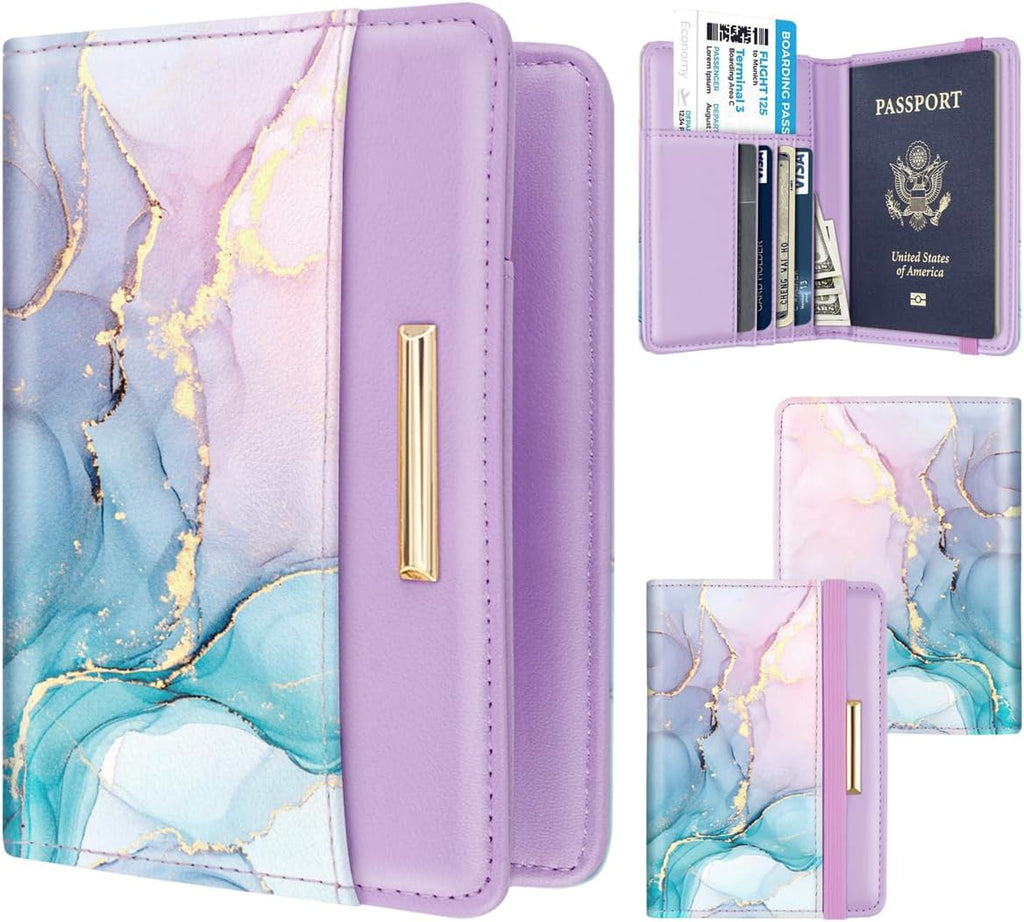 Passport Holder Cover Travel RFID Blocking Passport Cover Wallet with Elastic Band for Women, Gradien Marble