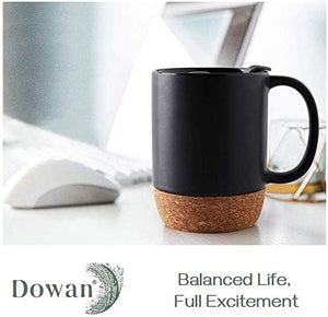 Set of 2 15 OZ Coffee Mug with Cork Bottom and Splash Proof Lid, Ceramic Mug with Large Handle, Black