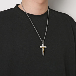 Catholic Jesus Christ on INRI Cross Crucifix Gold Silver Tone stainless steel Pendant Necklace (Silver and Gold)