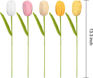 10PCS Crochet Tulip Flower Knitted Bouquet Faux Tulips for Home Office Wedding Decor, Yellow