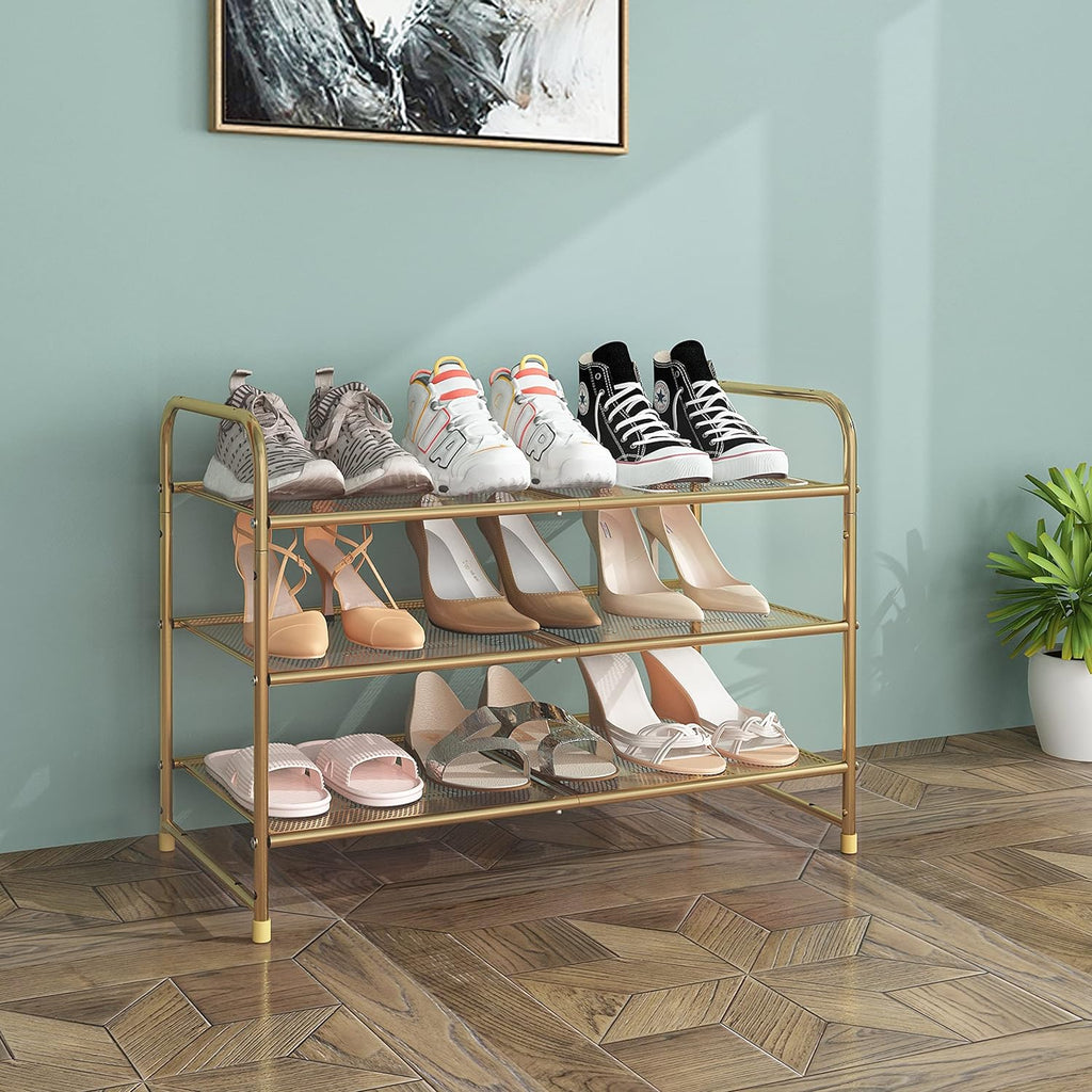 3-Tier Stackable Shoe Rack, Expandable & Adjustable Shoe Shelf Storage Organizer, Metal Mesh, Gold