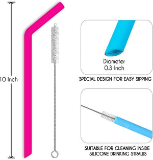 Reusable Silicone Straws, Long Flexible Silicone Drinking Straws with Cleaning Brushes for 30 oz Tumblers , 10 Pieces
