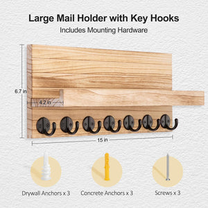 Key Holder Wall Mount, Entryway Key and Mail Holder with 7 Sturdy Hooks with Mounting Hardware, 15”W x 6.7”H x 4.2”D (Wood)