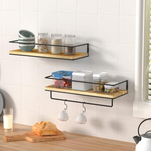 Floating Shelves for Wall Set of 2, Wall Mounted Storage Shelves with Metal Frame and Towel Rack (Wood)