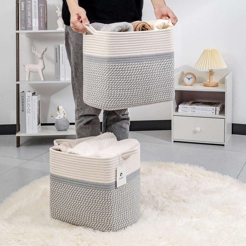 Slim Blanket Large Fabric Basket Dog Toy Baskets for Organizing Woven Rectangular with Handles,  14 inch, Pack of 2