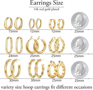 9 Pairs Gold Hoop Earrings for Women, 925 Sterling Silver Post 14K Real Gold Plated Chunky Hoop Earrings Set