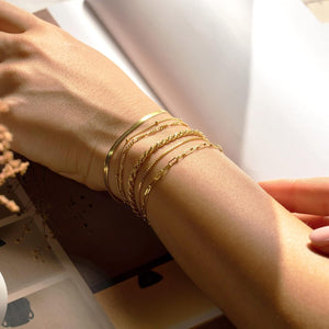 14K Real Gold Jewelry Sets for Women Trendy Thin Dainty Stackable Cuban Link Paperclip Chain Bracelet , 6pcs