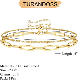 14K Gold Filled Adjustable Layered Bracelet Cute Evil Eye Oval Chain Pearl Bar Turtle Gold Bracelets for Women Jewelry