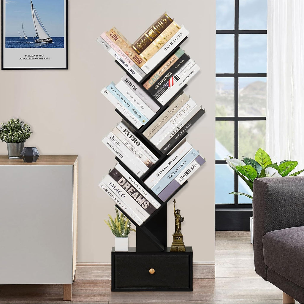 8 Tier Tree Bookshelf with Drawer, Free Standing Wood Bookcase, Black