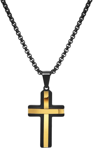 Stainless Steel Double Layer Cross Pendant Necklace for Men, 24" Box Chain, Black and Gold