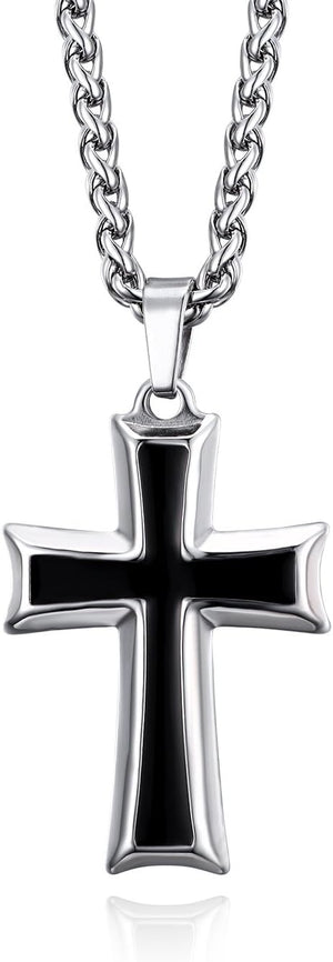 Mens Stainless Steel Cross Pendant Necklace with Wheat Chain, Silver