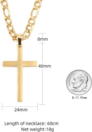 Cross Pendant Necklace Simple Jewelry Gifts, 24 Inches 3:1 Figaro Link Chain 4/5/6mm Width, Gold 5mm