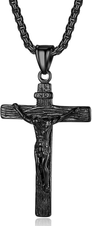 Jesus Christ on INRI Crucifix Cross Pendant Necklace for Teens Womens Mens with 24 Inch Stainless Steel Chain, Black