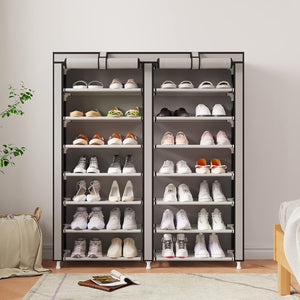 Double Row Portable Nonwoven Fabric Cover Shoe Rack Holds up to 28 Pairs 36.2 x 11.2 x49.2 Inches Grey