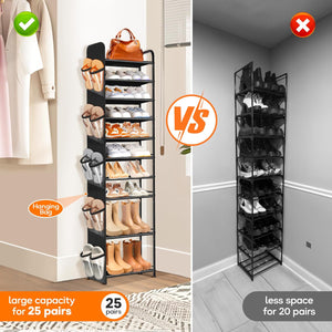 10 Tier Tall Narrow Shoe Rack for Closet, Holds 25 Pairs Boots & Shoe Storage Organizer