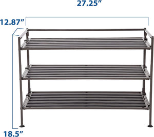 Sturdy Freestanding Storage Shelf for Bedroom, Closet, Entryway, Dorm Room Organizer Stackable Durable Metal Shoe Rack Espresso Slat, 3-Tier