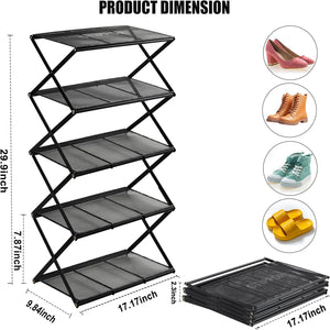 5 Tier Foldable Shoe Rack Without Assembly Collapsible Metal Shoe Organizer Folding Shoe Storage Rack, Black