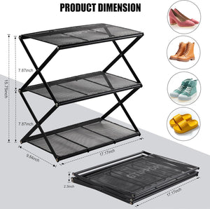 3 Tier Shoe Organizer Metal Foldable Shoes Storage Rack Space Saving, Black