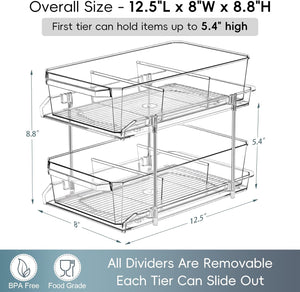 2 Set, 2 Tier Clear Organizer with Dividers for Cabinet / Counter, MultiUse Slide-Out Storage Container