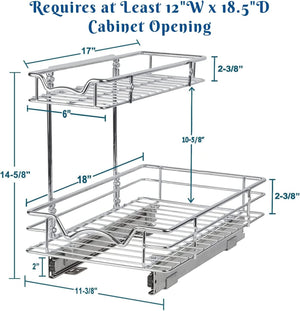 2 Tier slide out Cabinet Organizer With Sliding Drawers For Inside Cabinets- 11"W x 18"D x 15”H, Chrome