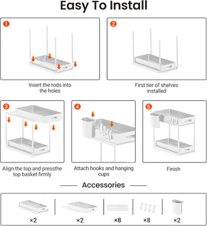 2 Pack Double Sliding Under Sink Organizers and Storage,2-Tier Pull Out Under Sink Organizer with Hooks and Hanging Cup