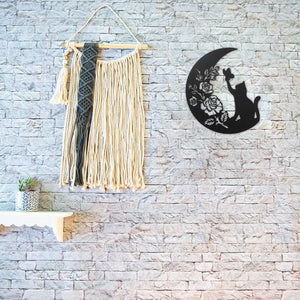 Metal Black Cat Wall Decor, Cat On the Moon Wall Art, Cats Lover Gifts, 11 inches