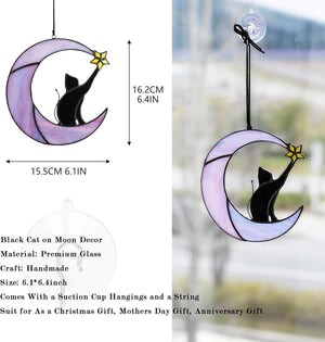 6.5'' Black Cat Decor on Purple Moon Stained Glass Window Hanging Suncatcher