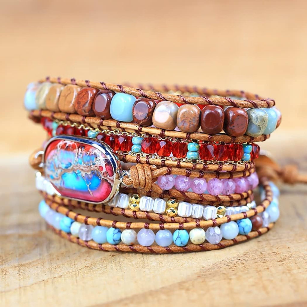 Women Wrap Bracelet Boho Natural Jasper Crystal Stone Beads Strand Bracelets