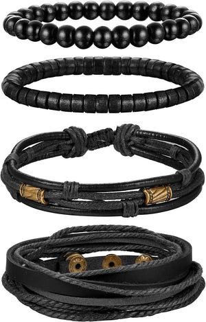 4Pcs Braided Leather Bracelet for Women Mens Cuff Bead Bracelet Set Adjustable Black And Brown