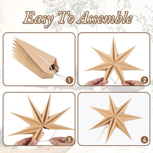 3PCS 12inch 7-Pointed Natural Paper Star Landerns Hanging Decoration Set Festive Holiday Decor , Brown