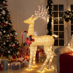 68” Pre-Lit Lighted Christmas Reindeer, Glitter 3D Gold Standing Christmas Male Deer with 70 Warm Led Lights