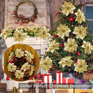 15 PCS Gold Poinsettia Flower Artificial Poinsettia with Clips Christmas Decor Glitter Ornaments