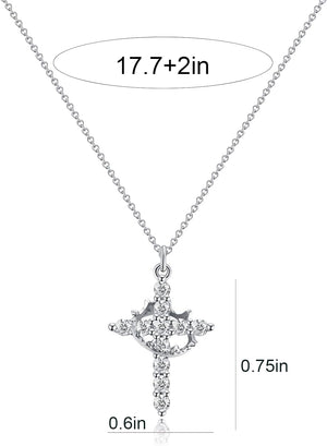 Cross Rotated Crown Necklace Gold Cross Pendant Dainty Cross Cubic Zirconia, Silver